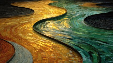Poster - A winding river crafted from colorful tiles creates an artistic display. The shimmering hues of orange, green, and gold evoke a sense of movement against a contrasting dark surface.