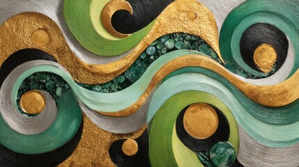 Poster - Swirling patterns of green, gold, and black create an abstract composition. The piece features smooth and textured surfaces, creating visual interest.