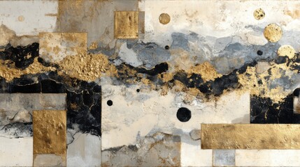 Poster - Large abstract artwork showcases a blend of gold, black, and gray tones, arranged in geometric shapes on a textured surface, enhancing a modern interior design.