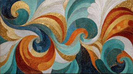 Poster - Vibrant abstract artwork features swirling patterns in various colors, including blues, oranges, and golds. The design reflects movement and energy, captivating the viewer's attention.