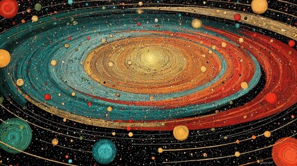 Poster - Swirls of bright colors and circular patterns create a cosmic scene, showcasing a large central star surrounded by smaller celestial bodies and vibrant orbs in a dark space.