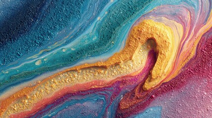 Poster - A mesmerizing swirl of vibrant colors flows together, blending shades of blue, orange, pink, and gold, creating a dynamic and textured abstract composition on a flat surface.