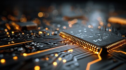 Fototapete - A detailed view of a circuit board showcases intricate copper traces and a microchip illuminated with soft orange light, emphasizing modern technology and design.