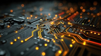 Poster - Close view of a circuit board reveals detailed pathways and glowing connections, representing advanced technology. The dark background highlights the vibrant lights.
