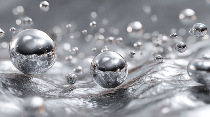 Poster - Water droplets in various sizes ripple across a shiny metallic surface under soft sunlight, creating a captivating pattern that sparkles and reflects light beautifully.