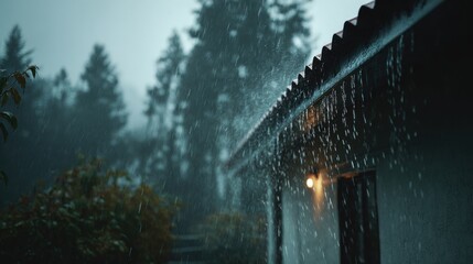 Wall Mural - heavy rain cascades from the roof of a cabin as twilight sets in. the atmosphere is serene, with nea