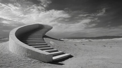 Poster - A striking spiral staircase rises from a desolate terrain, set against a dramatic sky filled with clouds. The scene evokes mystery and contemplation in a surreal environment.