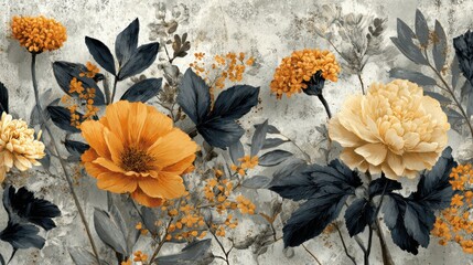 Poster - A stunning floral composition showcases large orange and yellow flowers intertwined with dark green leaves and subtle accents of orange blossoms, creating a beautiful contrast.