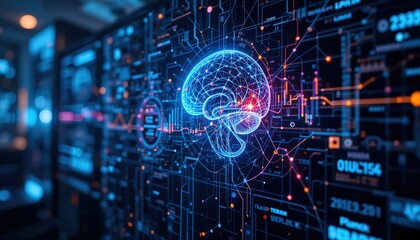 Fototapete - Abstract tech image displays data analytics, gaming innovation. Artificial intelligence optimizes player behavior trends. Digital network, glowing circuits, processing information.32k resolution