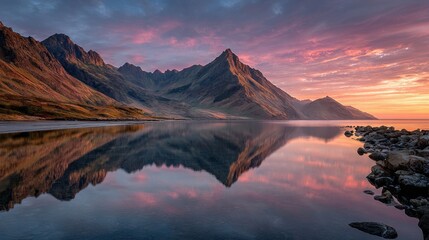 Wall Mural - A stunning backdrop of towering mountains is mirrored perfectly in a tranquil body of water as the sun sets, casting vibrant hues across the sky and surrounding landscape.