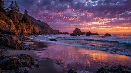 Wall Mural - Vibrant colors paint the sky as the sun sets over Crescent Beach. Waves gently lap against rocky shores while the landscape is enriched by hues of orange and purple.