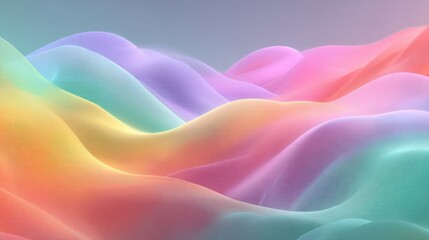 Poster - Soft, flowing waves of pastel colors create an abstract landscape, blending shades of pink, purple, green, and blue under a calm sky, evoking tranquility and creativity.