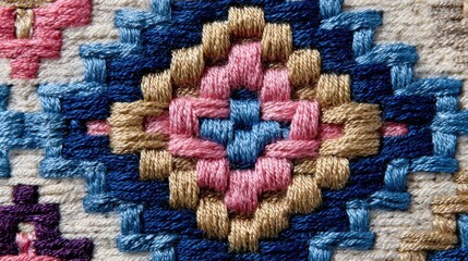 Poster - Detailed embroidery showcases a combination of blue, pink, gold, and purple threads woven into a symmetrical pattern. The artwork emphasizes craftsmanship and design.