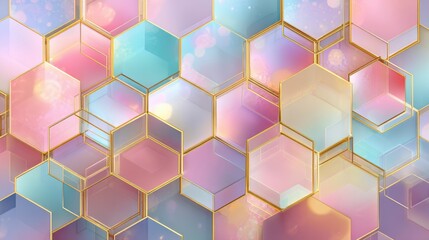 Poster - Colorful hexagons in soft pastel hues of pink, blue, and purple are interspersed with golden outlines. This modern design evokes a sense of calm and creativity, perfect for backgrounds.