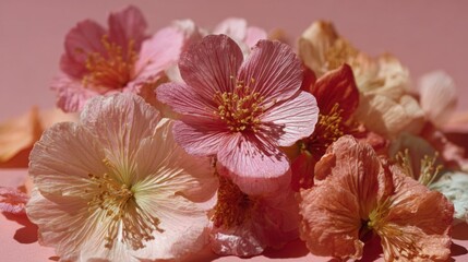Poster - A vibrant collection of pastel flowers in shades of pink and peach is artistically arranged on a soft pink surface. The delicate petals display intricate textures and details.