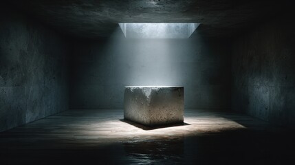 Poster - Concrete cube stands in dim, modern room with blue lighting shining down, creating shadows in minimalist architectural space