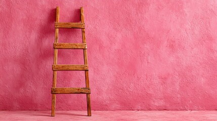 Poster - A wooden ladder leans against a bright pink wall in a spacious area during daylight. The contrast of natural wood against the colorful backdrop creates a striking visual appeal.