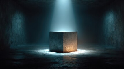 Poster - Concrete cube stands in dim, modern room with blue lighting shining down, creating shadows in minimalist architectural space