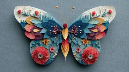 Poster - A beautifully crafted paper butterfly features vivid colors and detailed floral decorations, set against a soft blue backdrop. The artwork highlights creativity and precision in design.