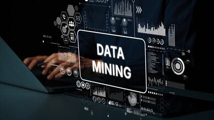 Aufkleber - futuristic concept of data mining with hands on laptop surrounded by graphs and analytical data visu
