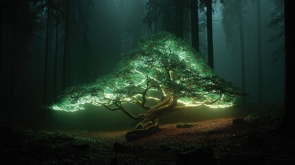 Wall Mural - a magnificent tree stands alone in a dark forest, illuminated by an ethereal glow. dense fog surroun