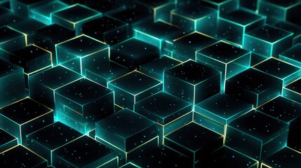 Fototapete - Numerous translucent cubes are arranged in a three-dimensional pattern, each illuminated with glowing edges, against a dark background. The captivating arrangement emits an otherworldly effect.