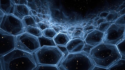 Fototapete - A vast expanse of hexagonal structures stretches into the unknown, surrounded by sparkling stars in a deep cosmic setting that evokes wonder and curiosity.