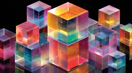 Poster - An array of colorful translucent cubes is arranged in an artistic display against a dark background, showcasing vibrant hues and playful reflections. The scene captivates with its brightness.