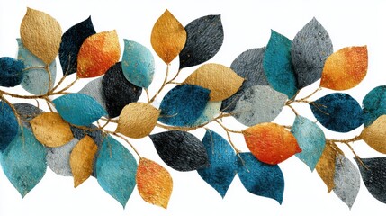 Poster - A vibrant arrangement of leaves in diverse colors and textures, blending shades of blue, gold, and orange. This decorative piece is designed for wall art or interior decoration.