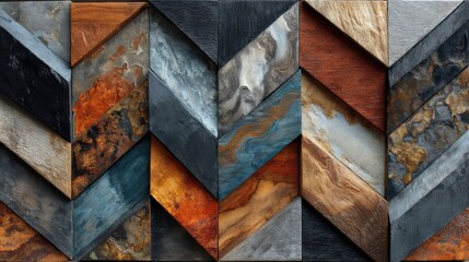 Poster - Vibrant wall decor showcases a dynamic arrangement of textured wood and metal panels in various colors. Ideal for modern interior design, this piece adds warmth and depth.