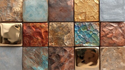 Poster - Various textured tiles are displayed in a grid. Each tile features unique patterns and colors, highlighting intricate craftsmanship. The arrangement showcases an appealing design.