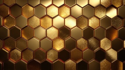 Poster - A wall features an intricate arrangement of shiny gold hexagons reflecting light, showcasing a modern design aesthetic suitable for interiors or artistic installations.