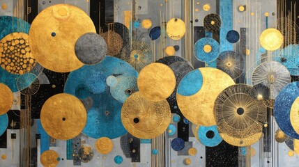 Poster - A stunning abstract composition features various sizes of golden and blue circles, set against a nuanced background. The artwork exudes energy and creativity, captivating viewers' attention.