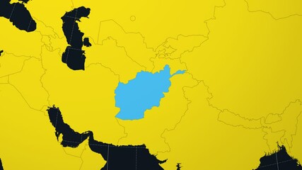 Poster - Afghanistan on Globe. Animated zoom into the country view on the world map in Charcoal Bright Yellow color palette. Globe with meridians, parallels, countries, rivers and lakes. Captivating video.