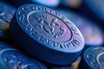 Poster - Close-up exploration of a vibrant blue pill capturing intricate embossed details and textures