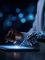 Poster - Innovative technology interaction with a glowing holographic interface at night