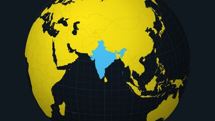 Poster - India on Globe. Animated zoom into the country view on the world map in Charcoal Bright Yellow color palette. Globe with meridians, parallels, countries, rivers and lakes. Modern video.