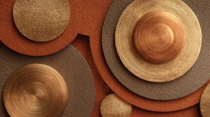 Poster - Abstract arrangement of circular shapes made from metal and textured materials provides a modern aesthetic. Warm colors create an inviting and stylish atmosphere suitable for various settings.