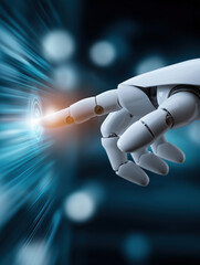 Poster - Robotic hand interacting with digital technology in a futuristic setting