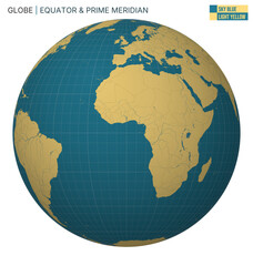 Poster - Vector Globe centered to Equator & Prime Meridian. Sky Blue Light Yellow palette. World map with meridians, parallels, countries, rivers and lakes. Modern vector illustration.