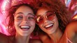 © Larisa AI - Two vibrant young women wearing stylish sunglasses are laughing together on a playful pink backdrop, radiating joy, friendship, and the carefree spirit of youthful moments.
