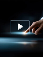 Poster - Touching a virtual play button on an illuminated surface in a dark room