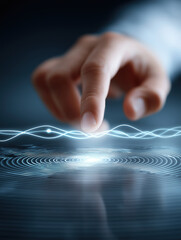 Fototapete - Hands interact with light waves in a futuristic digital environment