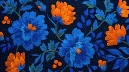 Poster - Vibrant blue and orange flowers are intricately embroidered on a dark fabric background, showcasing detailed floral patterns and rich colors.