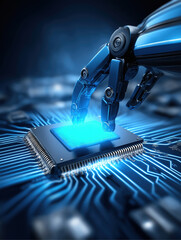 Poster - Robotic hand interacts with microchip on a circuit board in futuristic environment
