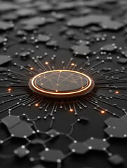 Poster - Modern digital network with interconnected nodes and glowing elements on a dark background