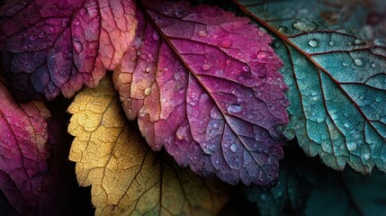 Aufkleber - Colorful autumn leaves with water droplets gleaming in the light during the day in a garden setting showcasing natures beauty