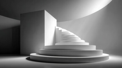Fototapete - Abstract staircase leads up and out of a white cubic room into an unknown space, emphasizing minimalist design and the journey upwards