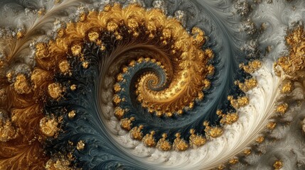 Poster - An elaborate spiral design showcases swirling patterns in gold, gray, and cream tones. This abstract art evokes a sense of movement and depth, captivating the viewers imagination.