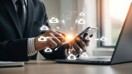 Poster - Businessperson using mobile phone with cloud computing icons - Close-up of a businessman's hands using a smartphone with digital cloud computing icons displayed around it, suggesting seamless